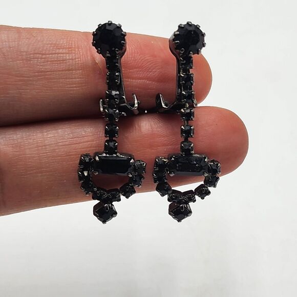 Vintage Horsebit Black Crystal Rhinestone Doorknocker Dangle Clip Earrings - Picture 2 of 9